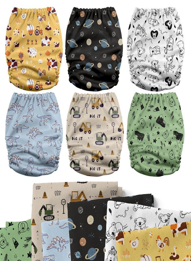 Mama Koala 3.0 Cloth Diapers for Babies with AWJ Lining, 6 Pack with 6 5-Layer Natural Cloth Diaper Inserts - Reusable and Washable Pocket Diapers(A-Dinosaurs and Farm) - Image 2